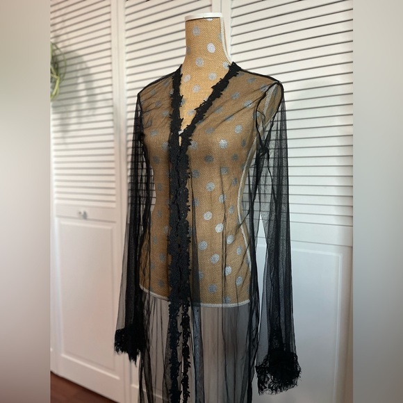 Vintage long, black sheer nightgown cover with lace trim - Picture 1 of 6